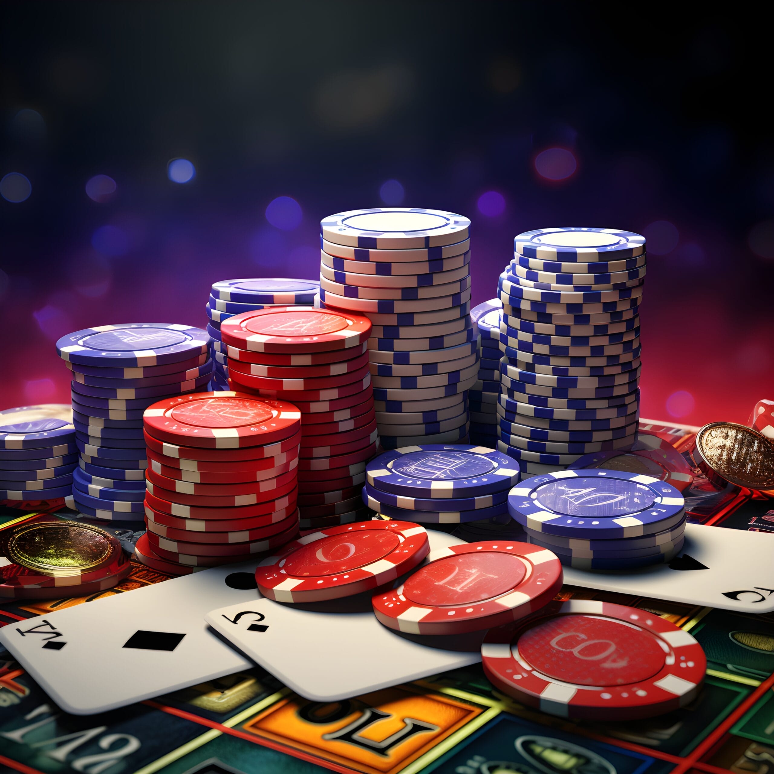 Casino chips and playing cards on a **table** in a casino.